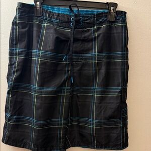 Speedo Black Swim Board Shorts with Blue & Green Plaid